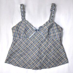 No Boundaries Blue Plaid Lace Trim Babydoll Cami Top
